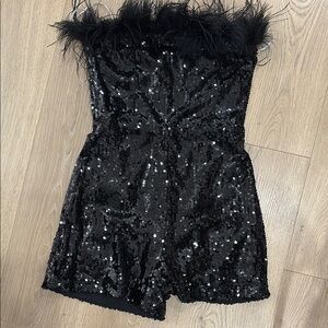 Lulu's Black Sequin Feather Jumpsuit